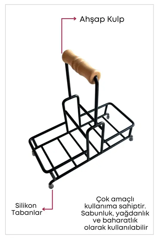 2-Compartment Multipurpose Wooden Handle Metal Stand Organizer - Liquid Soap Dispenser - Oil Dispenser Stand - 7