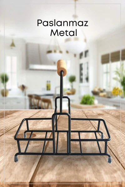 2-Compartment Multipurpose Wooden Handle Metal Stand Organizer - Liquid Soap Dispenser - Oil Dispenser Stand - 3