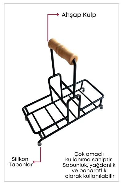 2-Compartment Multipurpose Wooden Handle Metal Stand Organizer - Liquid Soap Dispenser - Oil Dispenser Stand - 4