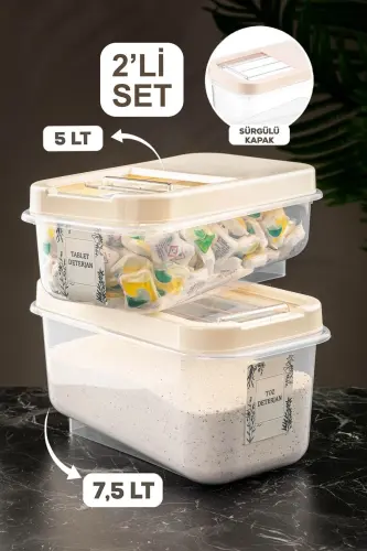 2-Compartment Sliding Lid Laundry Detergent Storage Container - Tablet Detergent Storage Box 5lt-7.5lt Cream-2-PIECE SET - 1