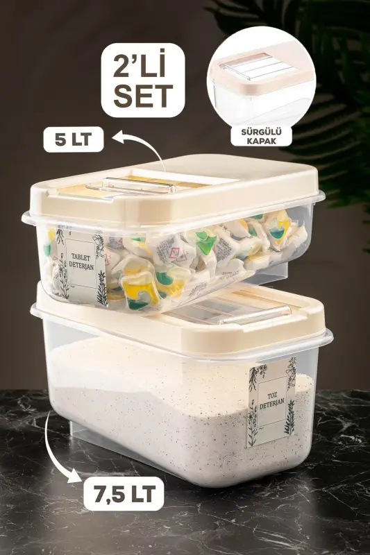 2-Compartment Sliding Lid Laundry Detergent Storage Container - Tablet Detergent Storage Box 5lt-7.5lt Cream-2-PIECE SET - MELENI HOME