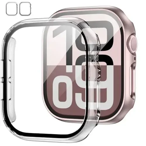 2 dona Apple Watch Series 11(2025) Series 10 42mm uchun закалённый oynali ekran himoyachisi bilan g'ilof, JZK Slim Guard Bumper To'liq qamrovli qattiq kompyuter himoya qopqog'i HD Ultra yupqa qopqoq iWatch 11/10 42mm uchun, oltingugurt+shaffof 
