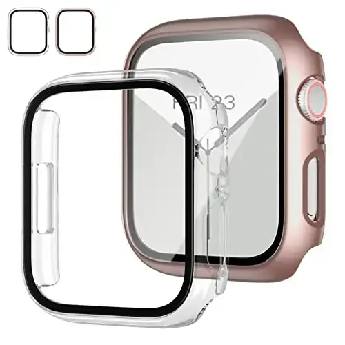 2 dona Apple Watch Series 6/5/4/SE 44mm uchun закалённый oynali ekran himoyachisi bilan g'ilof, JZK Slim Guard Bumper to'liq qamrovli qattiq kompyuter himoya qopqog'i HD Ultra yupqa qopqoq iWatch 44mm uchun, pushti oltin+shaffof - 1