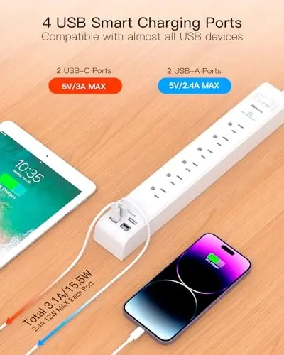 2 dona elektr uzatgich, 3.6M uzunlikdagi uzaytirish kabeli, 6 rozetka va 4 USB zaryadlash porti (2 USB C) bo'lgan kuchlanishdan himoya, tekis vilka ortiqcha yukdan himoya, uy ofisi, yotoqxona, kollej uchun devorga o'rnatish - 5