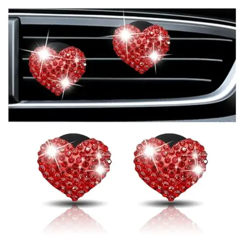 2 dona kristalli olmosli avtomobil havo chiqarish qisqichi, yurak shaklidagi Bling Charms kristalli avtomobil havo chiqarish qisqichi avtomobilni xushbo'ylashtiruvchi diffuzer, ayollar uchun Bling avtomobil ichki bezak aksessuarlari (yurak shaklidagi qizil) 