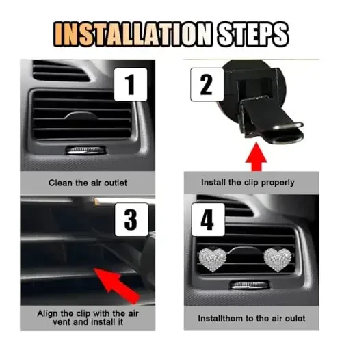 2 dona kristalli olmosli avtomobil shamollatish qisqichi, yurak shaklidagi Bling Charms kristalli havo shamollatish qisqichi, ayollar uchun Bling avtomobil ichki bezak aksessuarlari (yurak shaklidagi oq) - 6