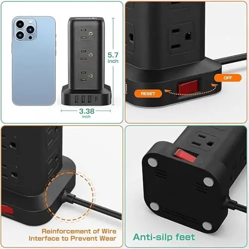 2 dona kuchlanishdan himoyalangan tok uzatgich, 6,5 FT uzaytirish kabeli, ko'p rozetkali, 12 AC 4 USB (1 USB C), kuchlanishdan himoyalangan tok uzatgichli minora, uy ofisi uchun haddan tashqari yukdan himoya - 5