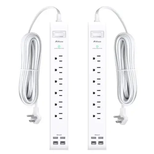 2 dona quvvat uzatgich, surge himoyachisi, 4 USB portli (2 USB-C) yassi vilkali uzaytirgich, 6 AC rozetkali USB zaryadlash stansiyasi, uy, ofis, yotoqxona uchun devorga o'rnatish mumkin, 1080J, ETL ro'yxatidan o'tgan 