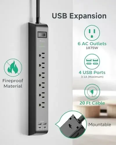 2 dona Surge himoyachisi elektr uzatgichi 6 ta rozetka 4 ta USB porti (2 USB C) 20 futlik uzaytirish simi Yassi vilka 900 dJ 15A O'chirgich Devorga o'rnatish Stol USB zaryadlash stantsiyasi uy ofisi uchun - MIFASO (1)