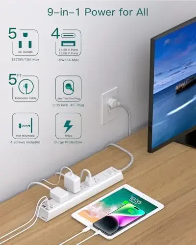 2 dona Surge Protector elektr uzatgichi - 5 ta keng joylashgan rozetka 4 USB porti, 5 futlik uzatma kabeli, tekis vilka, devorga o'rnatish uchun rozetka kengaytirgichi, uy ofisi kolleji yotoqxonasi uchun stol zaryadlash stantsiyasi - ADDTAM (1)