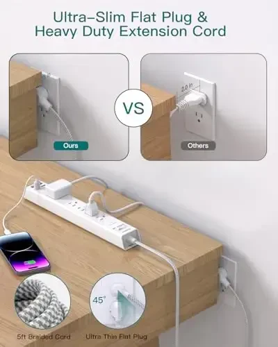 2 dona Surge Protector elektr uzatgichi - 5 ta keng joylashgan rozetka 4 USB porti, 5 futlik uzatma kabeli, tekis vilka, devorga o'rnatish uchun rozetka kengaytirgichi, uy ofisi kolleji yotoqxonasi uchun stol zaryadlash stantsiyasi - 5