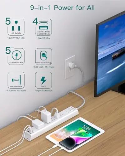 2 dona Surge Protector elektr uzatgichi - 5 ta keng joylashgan rozetka 4 USB porti, 5 futlik uzatma kabeli, tekis vilka, devorga o'rnatish uchun rozetka kengaytirgichi, uy ofisi kolleji yotoqxonasi uchun stol zaryadlash stantsiyasi - 2