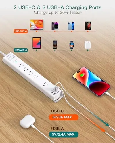 2 dona Surge Protector elektr uzatgichi - 5 ta keng joylashgan rozetka 4 USB porti, 5 futlik uzatma kabeli, tekis vilka, devorga o'rnatish uchun rozetka kengaytirgichi, uy ofisi kolleji yotoqxonasi uchun stol zaryadlash stantsiyasi - 3