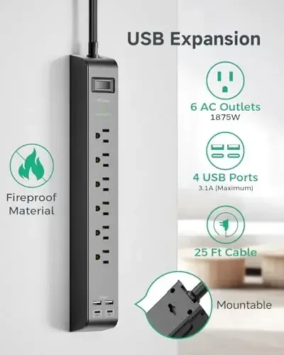 2 dona Surge Protector elektr uzatgichi 6 ta rozetka 4 ta USB porti (2 ta USB C) 25 futlik uzaytirgich tekis vilka 900 d Joules 15A o'chirgich devorga o'rnatish stol USB zaryadlash stantsiyasi uy ofisi uchun - 2