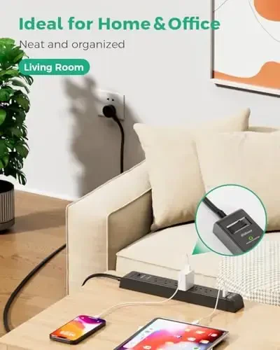 2 dona Surge Protector elektr uzatgichi 6 ta rozetka 4 ta USB porti (2 ta USB C) 25 futlik uzaytirgich tekis vilka 900 d Joules 15A o'chirgich devorga o'rnatish stol USB zaryadlash stantsiyasi uy ofisi uchun - 7