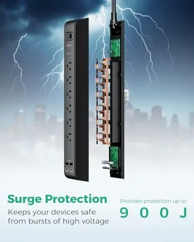 2 dona Surge Protector elektr uzatish moslamasi 6 ta rozetka 4 ta USB porti (2 ta USB C) 15 futlik uzaytirish kabeli Yassi vilka 900 d Joules 15A O'chirgich Devorga o'rnatish stoli USB zaryadlash stantsiyasi uy ofisi uchun - 4