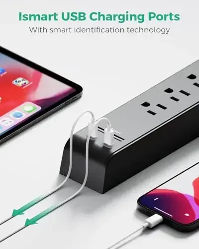 2 dona Surge Protector uzaytirgich 6 ta rozetka 4 USB porti (2 USB C) 1,5 metrlik uzaytirish kabeli Yassi vilka 900 Joules 15A O'chirgich Devorga o'rnatish Stol USB zaryadlash stantsiyasi uy ofisi uchun - 4