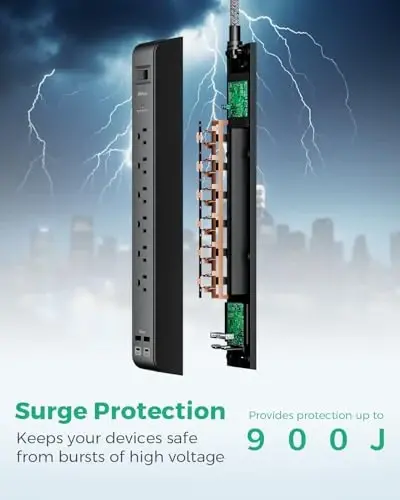 2 dona Surge Protector uzaytirgich 6 ta rozetka 4 USB porti (2 USB C) 1,5 metrlik uzaytirish kabeli Yassi vilka 900 Joules 15A O'chirgich Devorga o'rnatish Stol USB zaryadlash stantsiyasi uy ofisi uchun - 4