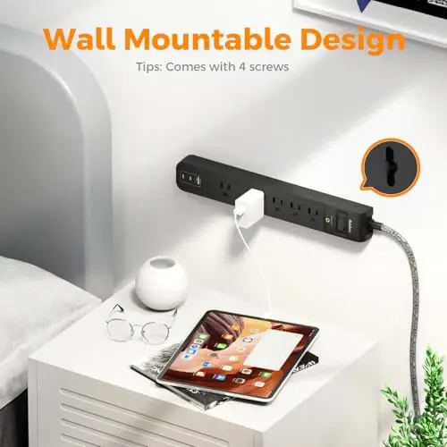 2 dona uzun kuchlanishdan himoya qiluvchi tarmoqli filtr - 25 futlik uzaytirgich, 5 ta keng 3 USB (2 USB-C) port, yassi vilka, uy ofisi kolleji yotoqxonasi uchun stol usti zaryadlash stantsiyasi - 4