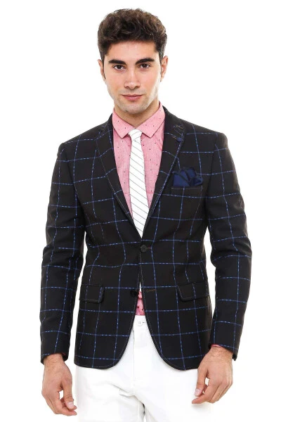 2 Düğmeli Ekose Yün Kahverengi Ceket - Wessi - WESSI