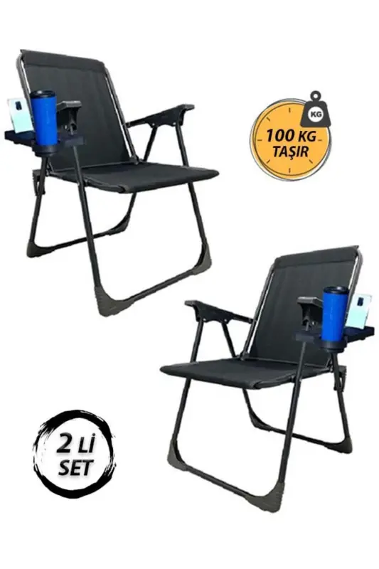 2 Folding Camping Chairs-Cup Holder Gift-Beach Picnic Chair-m1-Black - KS KAMPSETI