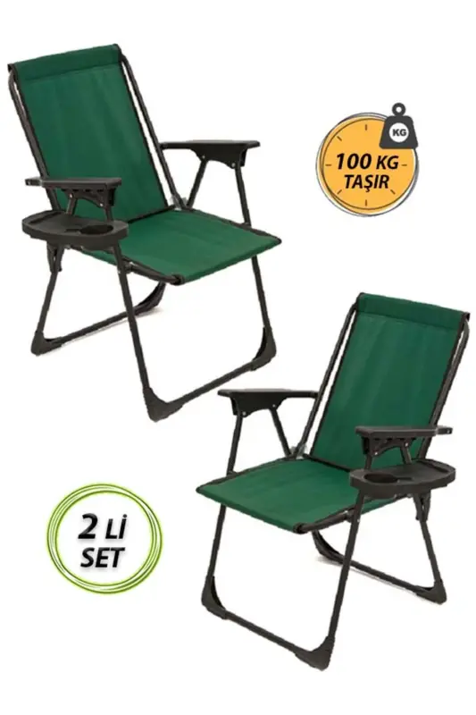 2 Folding Camping Chairs-Gift with Cup Holder-Beach Picnic Chair-m1-Green - 1