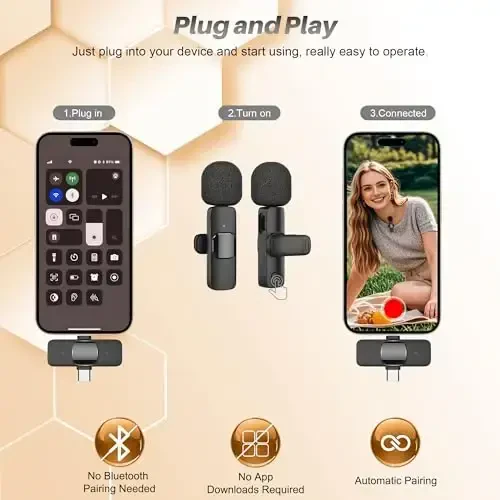 2 in 1 Беспроводной петличный микрофон для iPhone iPad и Android телефона, Plug and Play микрофоны с шумоподавлением, дальность 20м, микрофон с синхронизацией в реальном времени для видеозаписи, потоковой передачи, интервью - 4