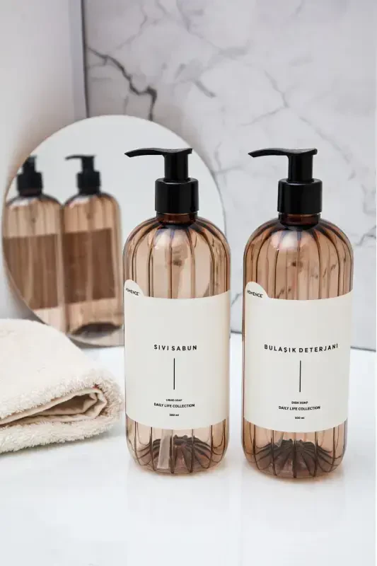 2-in-1 Dish Soap and Liquid Soap Labeled Pump Plastic Bottle Set Light Brown 500 ml-LIGHT BROWN - 2