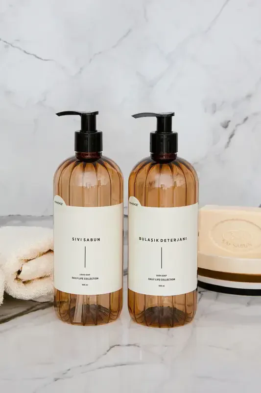 2-in-1 Dish Soap and Liquid Soap Labeled Pump Plastic Bottle Set Light Brown 500 ml-LIGHT BROWN - 3