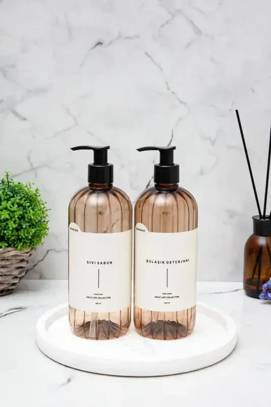 2-in-1 Dish Soap and Liquid Soap Labeled Pump Plastic Bottle Set Light Brown 500 ml-LIGHT BROWN - 4