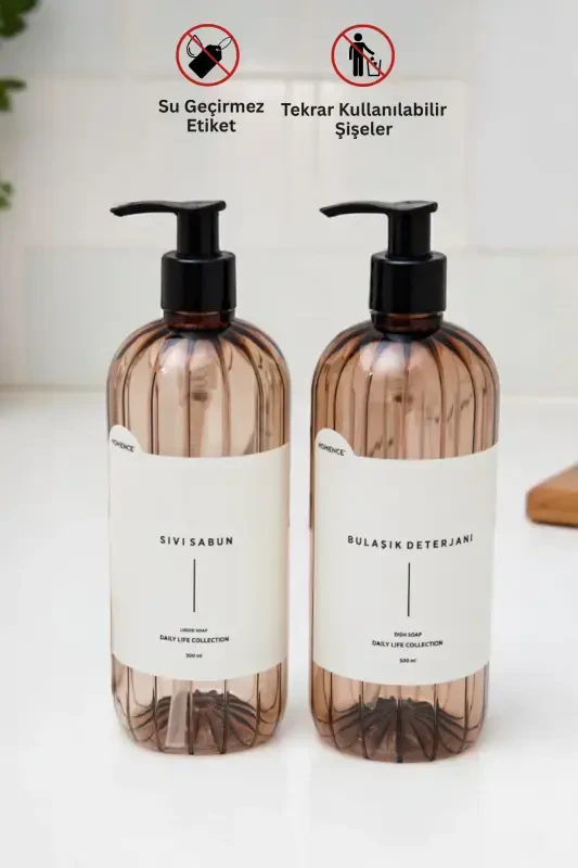 2-in-1 Dish Soap and Liquid Soap Labeled Pump Plastic Bottle Set Light Brown 500 ml-LIGHT BROWN - 8