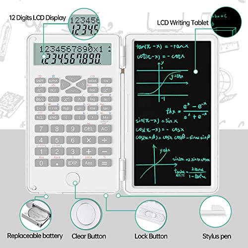 2 in 1 Scientific Calculator with Writing Tablet, Desktop Pocket LCD Science Calculator Notepad Professional Financial Calculator for Home School Office Business(White) - 2