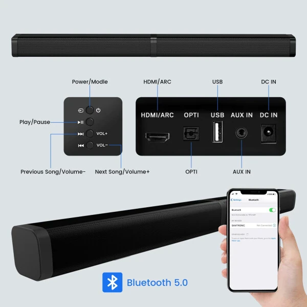 2 in 1 Separable Sound Bars for TV, Bluetooth 5.0 Surround Sound System for TV Wireless Connect, 37 Inch Soundbar for Home Theater, ARC/Optical/USB Cables & Remote TV Speakers, Wall Mountable - 5