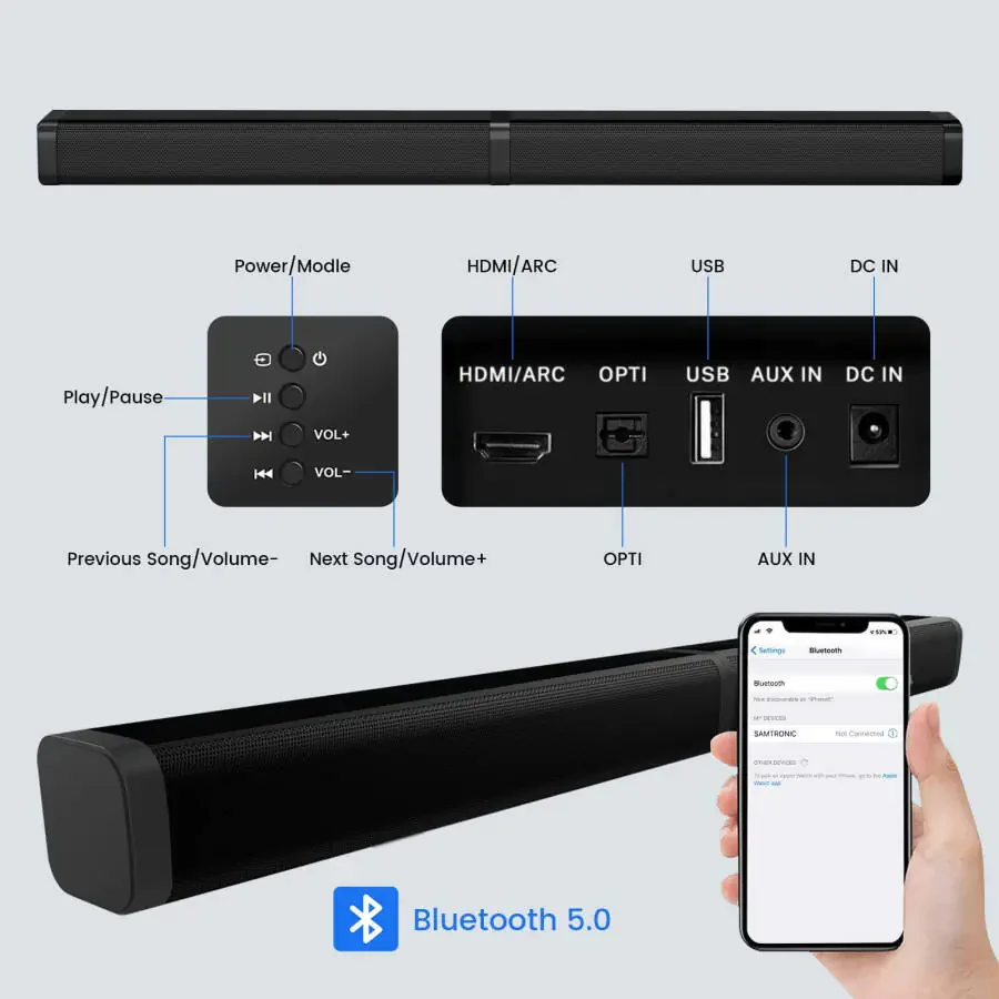 2 in 1 Separable Sound Bars for TV, Bluetooth 5.0 Surround Sound System for TV Wireless Connect, 37 Inch Soundbar for Home Theater, ARC/Optical/USB Cables & Remote TV Speakers, Wall Mountable - 5
