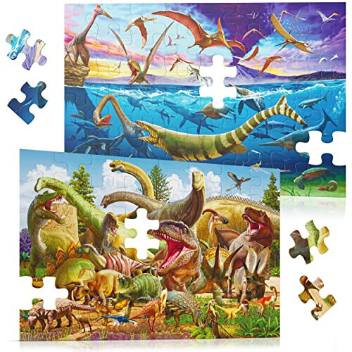 2-in-1 Set Large Dinosaur Floor Puzzles 48 pcs (3x2 ft) - Giant Dinosaur Puzzles for Kids Ages 3-5 2-4 4-8 - Educational Jigsaw Toddlers Kids Puzzles - Big Jumbo Dino Puzzle Pack - Gift Box - 1