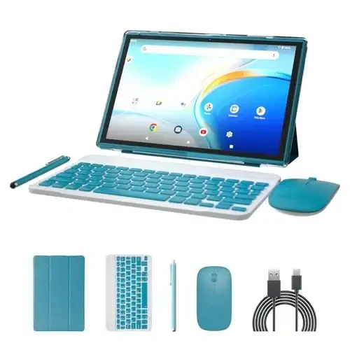 2 in 1 Tablet 10 Inch Android 14 OS Tableta, Tablets with Keyboard, Mouse, Case, Stylus, 64GB ROM+8GB RAM, 2MP+8MP Dual Camera, Quad Core Processor, 6000mAh Battery, 10.1 in FHD Tab Navy. 
