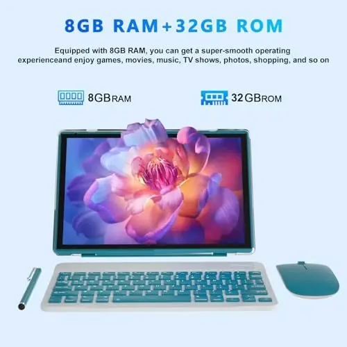 2 in 1 Tablet 10 Inch Android 14 OS Tableta, Tablets with Keyboard, Mouse, Case, Stylus, 64GB ROM+8GB RAM, 2MP+8MP Dual Camera, Quad Core Processor, 6000mAh Battery, 10.1 in FHD Tab Navy. 