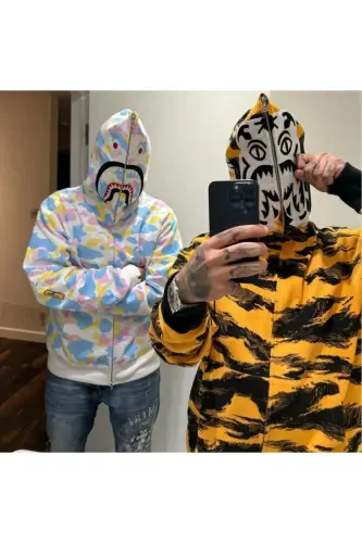 Bape Hırka Şardonlu Pamuklu Tiger Camo Shark sarı siyah rengi size gelecektir-karışık sarı 