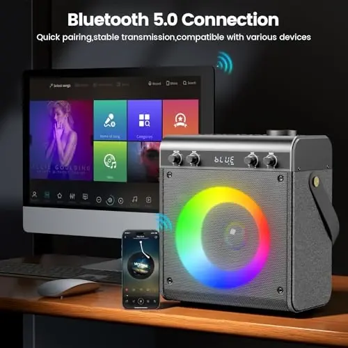 Ktrenv Karaoke Machine with 2 Wireless Microphones, Portable Bluetooth Speaker for Adults Kids with Bass Treble Echo PA System with Remote,LED Light, Supports TF Card,USB,AUX in,TWS,FM,REC for Party - 5