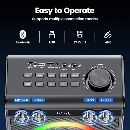 Ktrenv Karaoke Machine with 2 Wireless Microphones, Portable Bluetooth Speaker for Adults Kids with Bass Treble Echo PA System with Remote,LED Light, Supports TF Card,USB,AUX in,TWS,FM,REC for Party - Ktrenv (1)