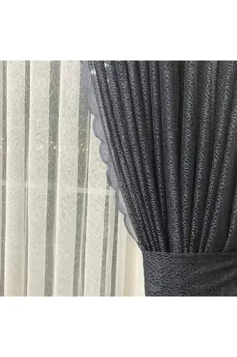 2 Kanat Renkli Gri Petek Desen Bağcıklı Tül Fon Perde 2 Kanat-Gri - ART PERDE (1)
