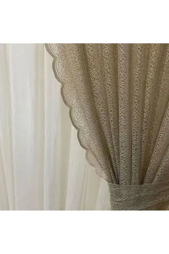 2 Kanat Renkli Vizon Petek Desen Bağcıklı Tül Fon Perde 2 Kanat-Vizon 