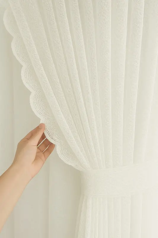 2 Kanat Tül Fon Perde Beyaz Petek Desen Bağcıklı Tül Fon Perde 2 Kanat-Beyaz - 1