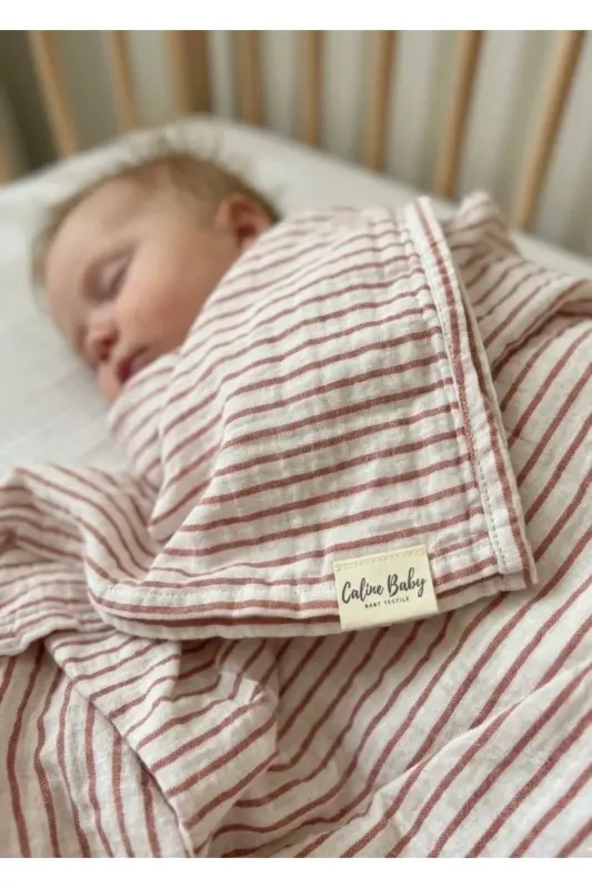 2 Kat Çizgili Müslin Kundak Bezi 30/10 - 120x120 Cm Kırmızı-Kırmızı - CALINE BABY