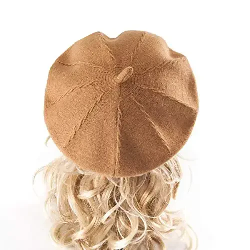 2 Layers French Beret Hats for Women, Wool Soft Warm Cable Knit Beanie Cap - 5