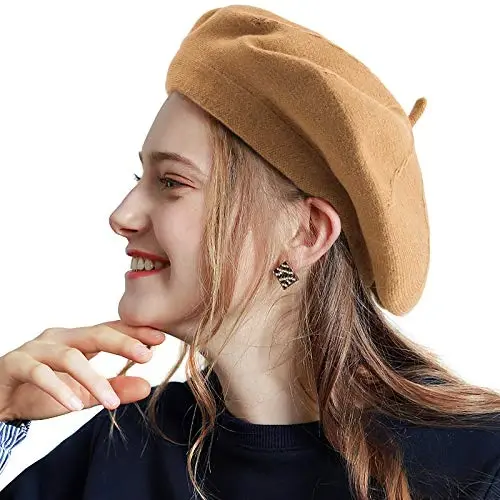 2 Layers French Beret Hats for Women, Wool Soft Warm Cable Knit Beanie Cap - MODAZONE