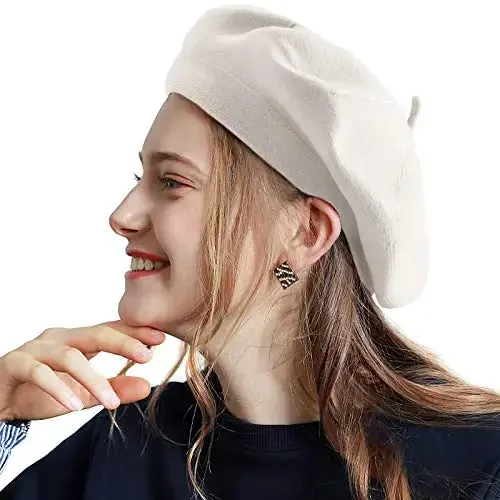 2 Layers French Beret Hats for Women, Wool Soft Warm Cable Knit Beanie Cap - 1