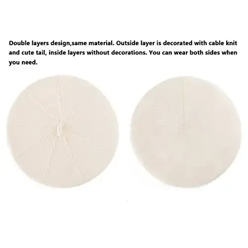 2 Layers French Beret Hats for Women, Wool Soft Warm Cable Knit Beanie Cap - 2