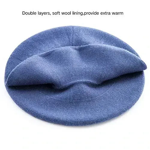 2 Layers French Beret Hats for Women, Wool Soft Warm Cable Knit Beanie Cap - 3