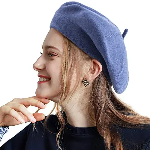 2 Layers French Beret Hats for Women, Wool Soft Warm Cable Knit Beanie Cap - 1